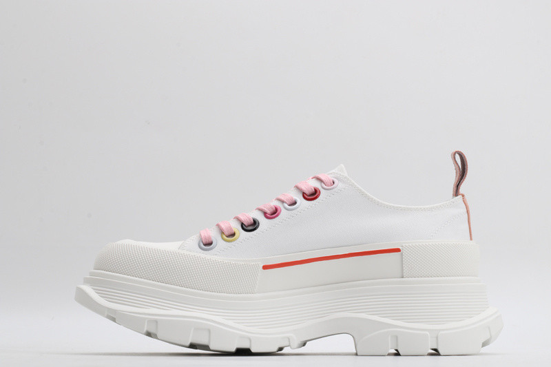 alex mcq tread slick lace up in white with red line