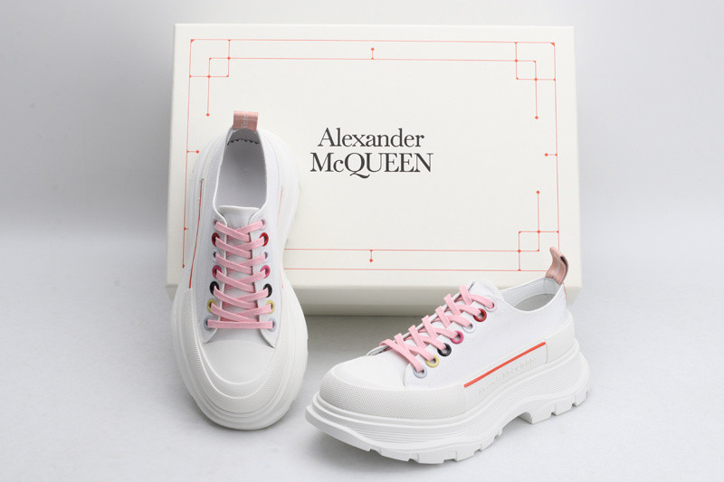 alex mcq tread slick lace up in white with red line