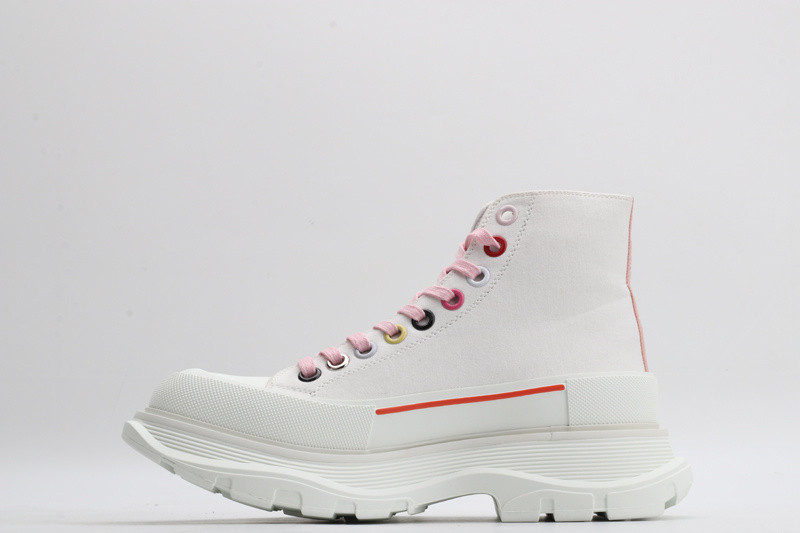 alex mcq tread slick boot in white with red line